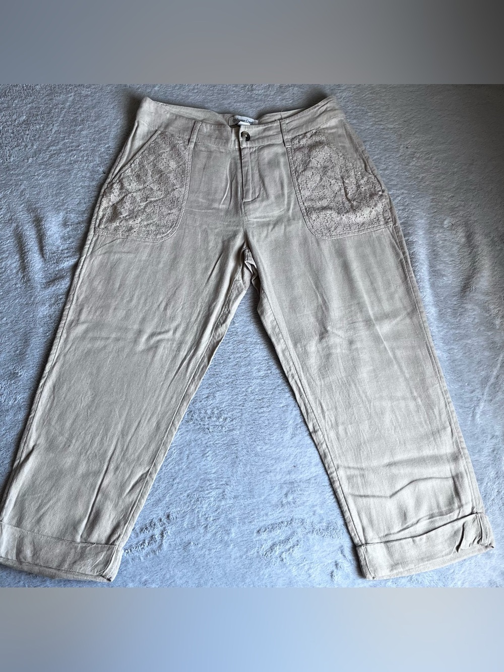 COLDWATER CREEK LINEN BLEND sz 4P beige cuffed hems floral lace pocket pants